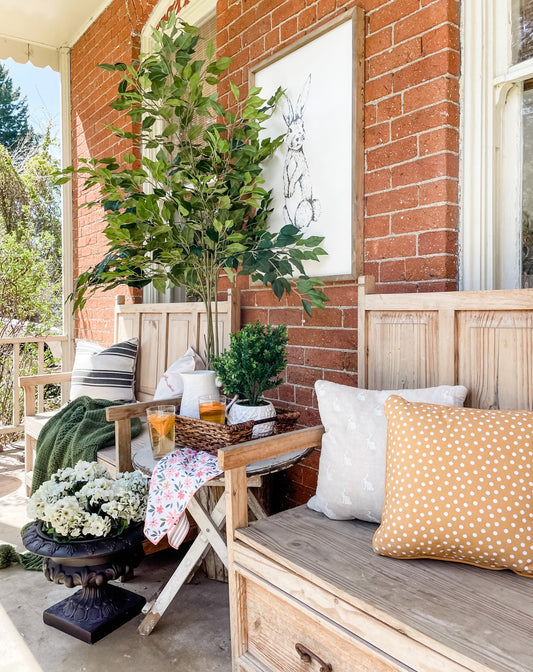 a bench and a plant on a porch