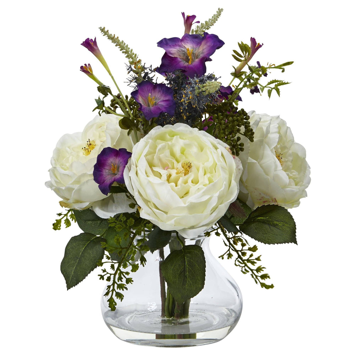 a vase of flowers with leaves