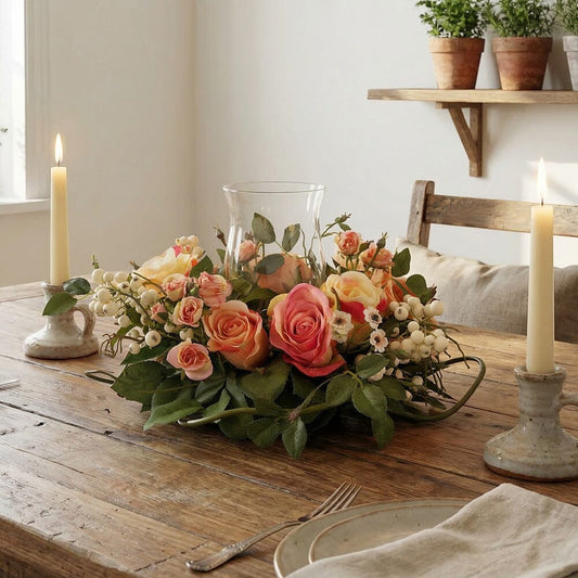 a table with flowers and candles