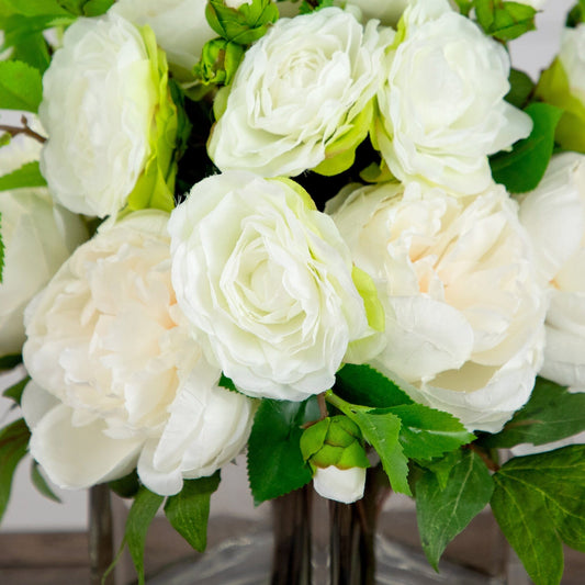 Wedding Collection 13" Peony and Camellia Artificial Arrangement in Glass Vase