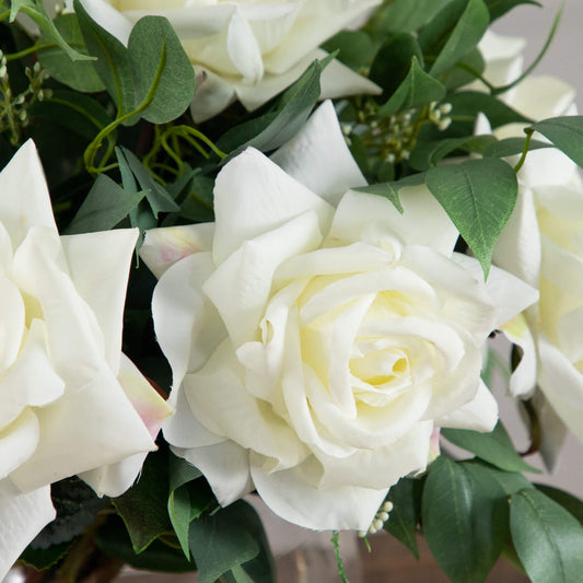 Wedding Collection 16" Artificial Roses and Mixed Greens Arrangement in Glass Vase