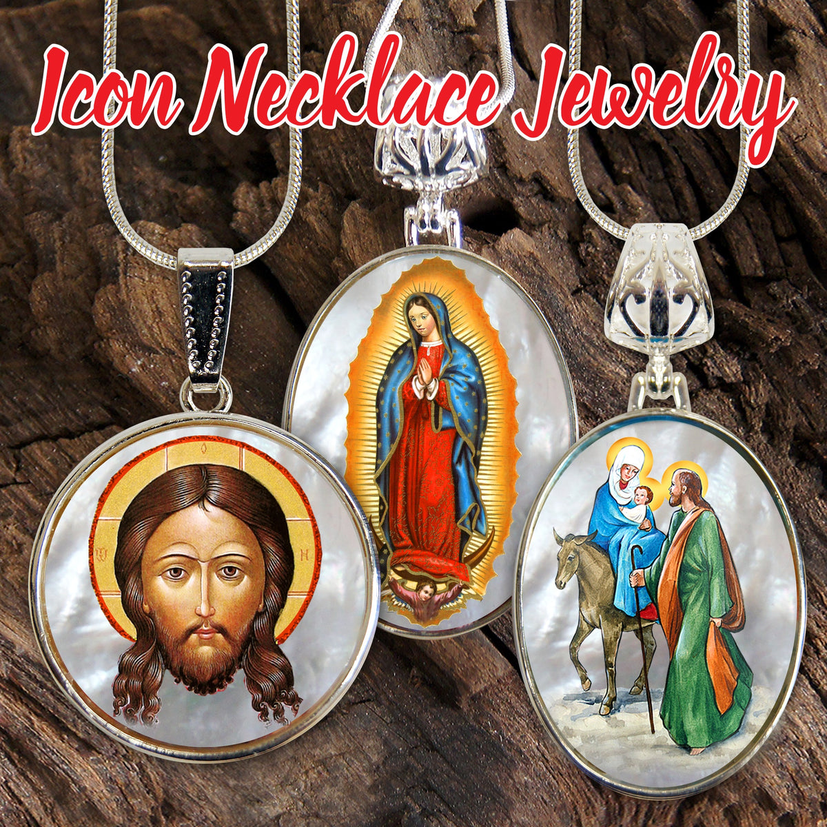 Lady of Guadalupe Religious Jewelry Silver Plated Necklace, Gold-Plated Wooden Cabochon - Catholic Sacred Icon - Inspirational Icon Decor - 43032R