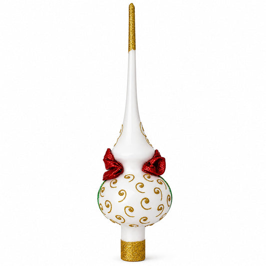 Bow and Bells on White Glass Christmas Tree Topper 11 Inches