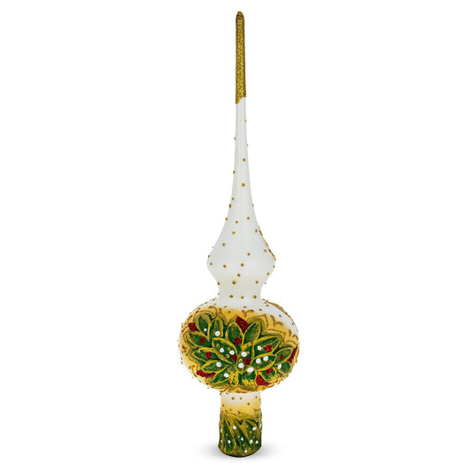 Dimensional Roses Bouquet on White Glass Christmas Tree Topper 11 Inches