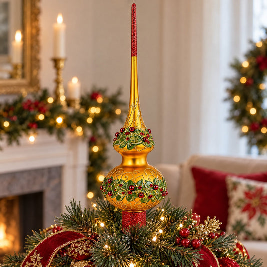 Poinsettia Flowers with Pearls Gold Glass Christmas Tree Topper 11 Inches