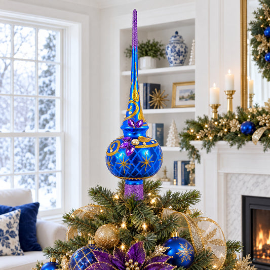 Purple Jewels Golden Leaves on Blue Glass Christmas Tree Topper 11 Inches