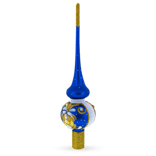 White Pearls with Golden Leaves on Blue Glass Christmas Tree Topper 11 Inches