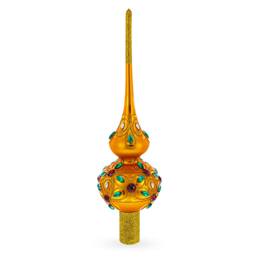 Multicolored Jewels on Gold Glass Christmas Tree Topper 11 Inches