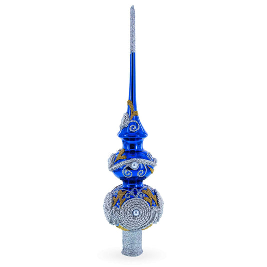 Pearls and Twisted Rope on Double Ball Blue Glass Christmas Tree Topper 12.5 Inches