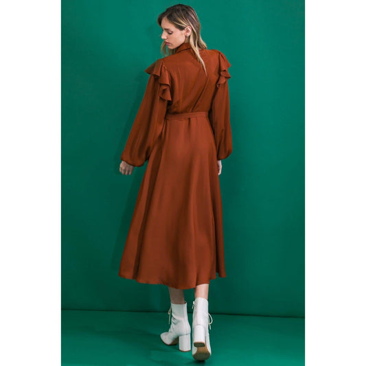 TIER ELEGANCE BROWN WOVEN MIDI DRESS