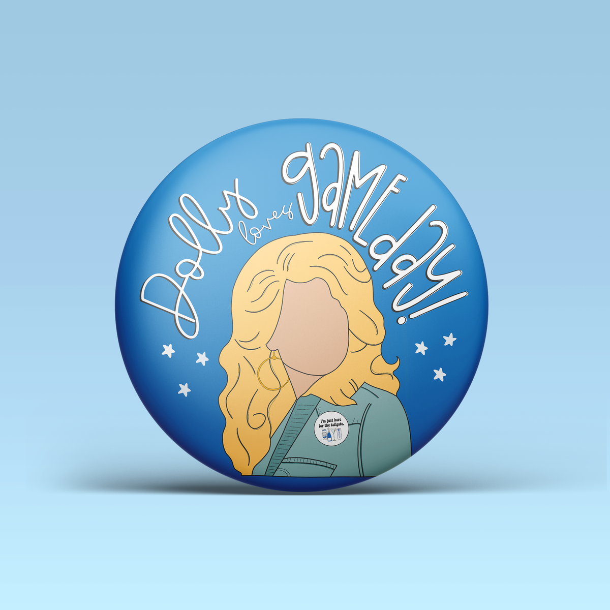 a blue button with a woman on it