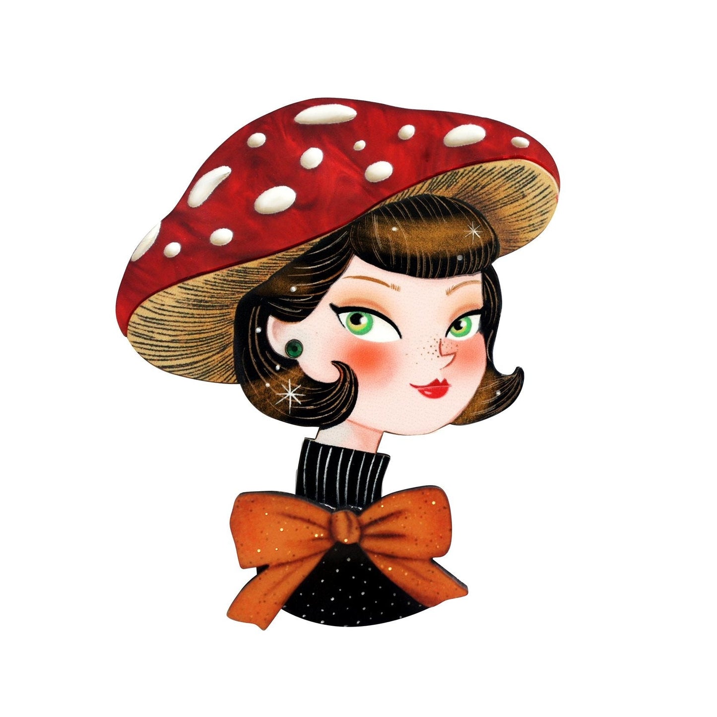 Girl w/ Mushroom Hat Brooch by Laliblue – Retro Kitschy Statement Brooch for Collectors
