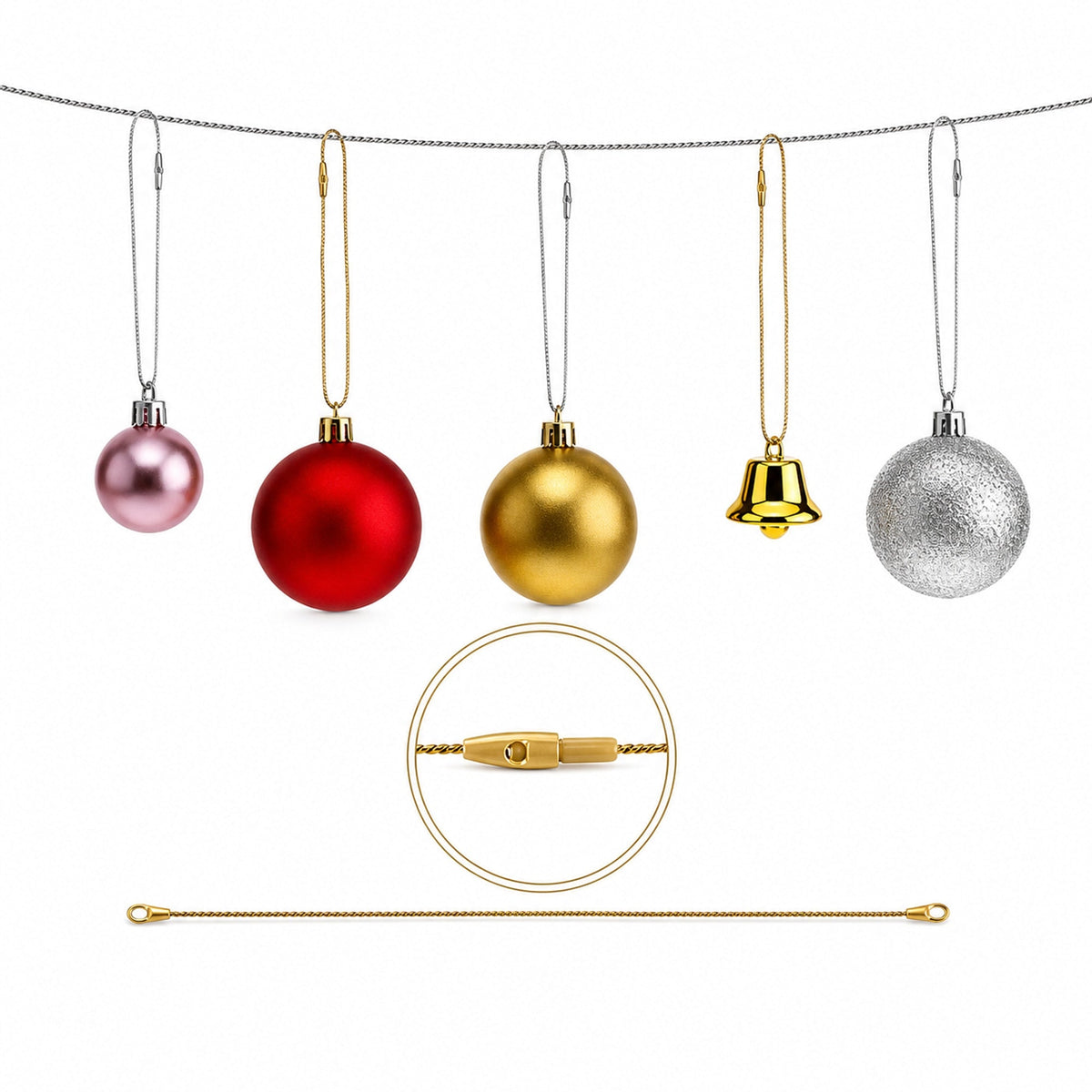 Set of 100 Gold Christmas Ornaments Cords Strings Hangers 7.9 Inches