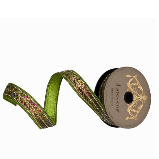 1" Metallic Dupion Herringbone Jewel Ribbon: Lime (5 Yards)