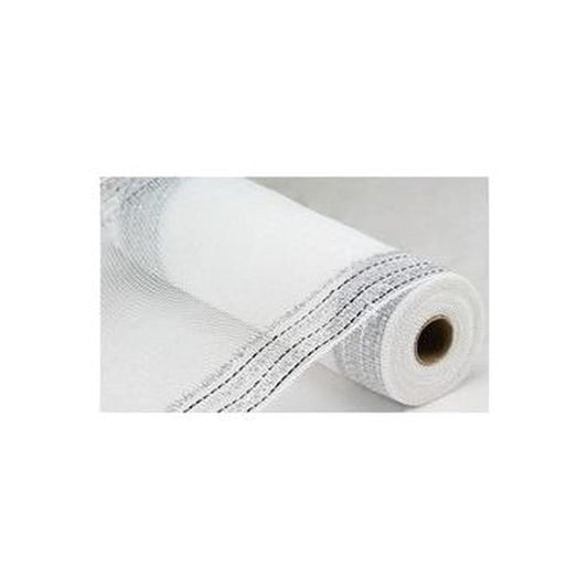 10" Border Stripe Faux Jute Mesh Ribbon: White/Silver (10 Yards)