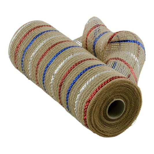 10" Poly Jute Deco Mesh Ribbon: Natural Patriotic Metallic Foil Stripes