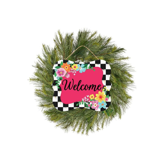 10" Scalloped Wooden Sign: Welcome Hot Pink Checker