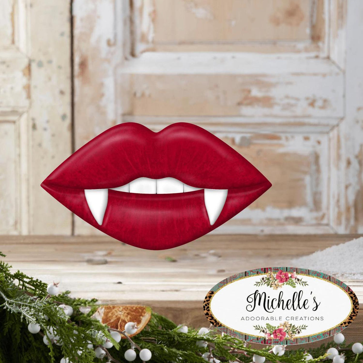 12" Metal Embossed Hanger: Vampire Lips Red
