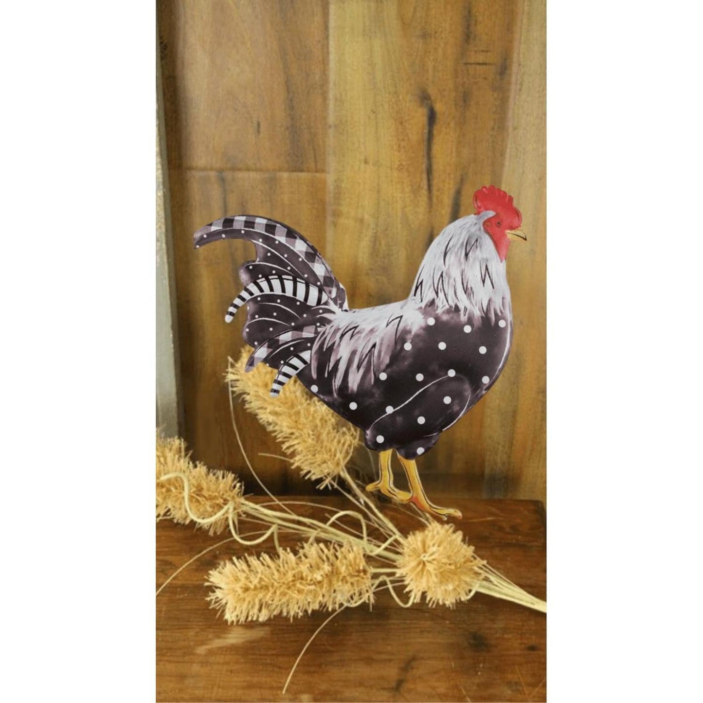 12" Metal Rooster Hanger: Black/White Polka Dots