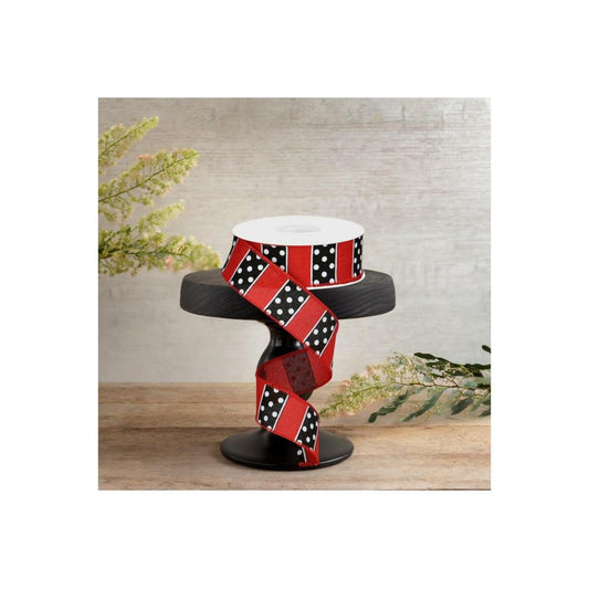 1.5" B & W Polka Dot Stripes Ribbon: Red (10 Yards)