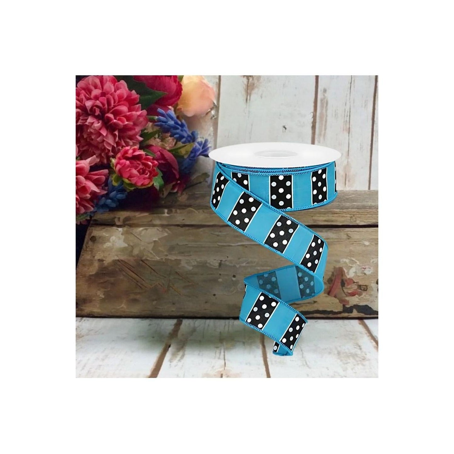 1.5" B & W Polka Dot Stripes Ribbon: Turquoise (10 Yards)