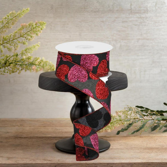 1.5" Bold Glitter Hearts Royal Ribbon: Black (10 Yards)