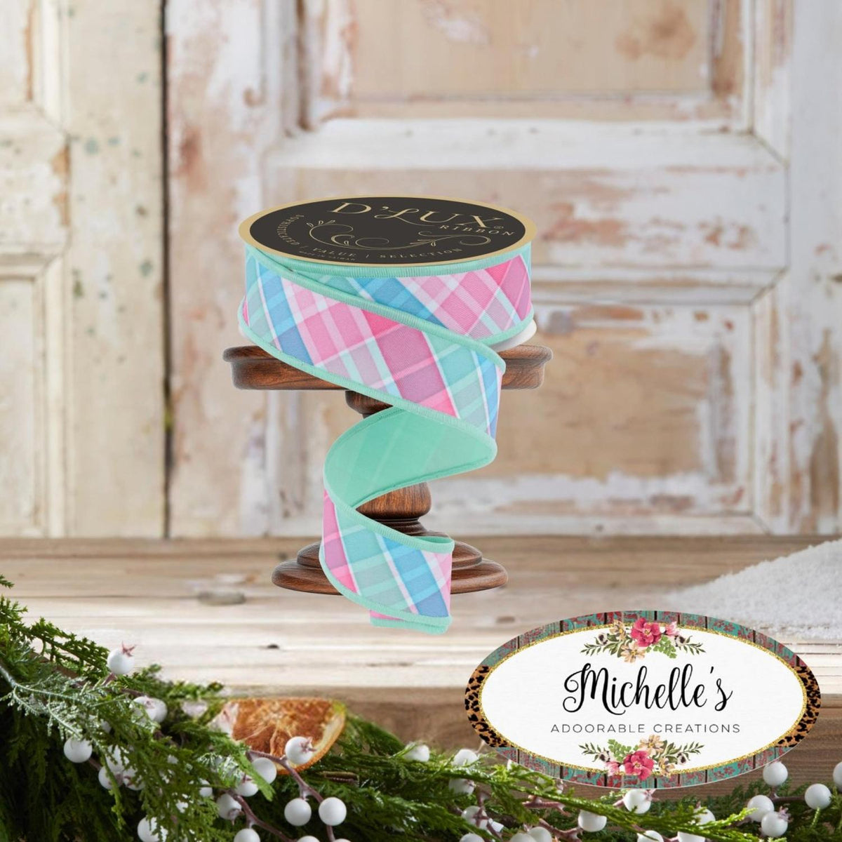 1.5" Bold Plaid Fused Ribbon: Light Teal (10 Yards)