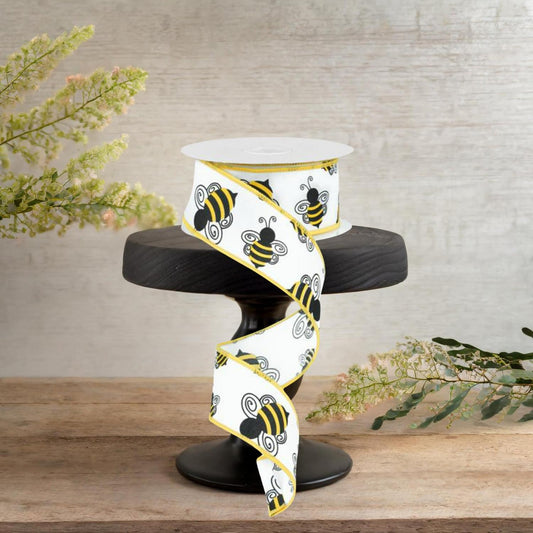 1.5" Bumble Bee Ribbon: White Satin (10 Yards)