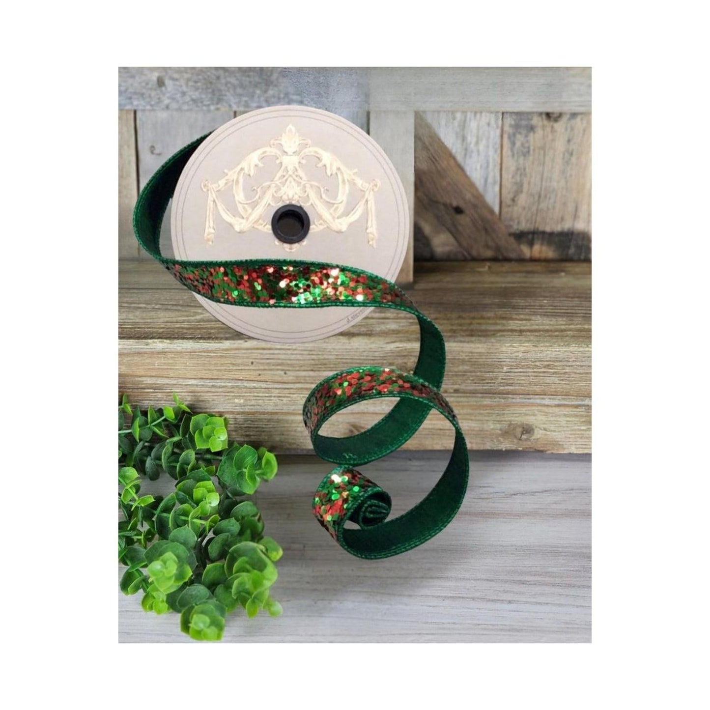 1" Cirque Glitter Ribbon: Emerald Green/Red (10 Yards)