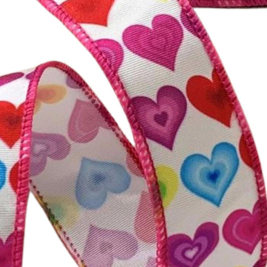 1.5" Colorful Hearts Ribbon: White (10 Yards)