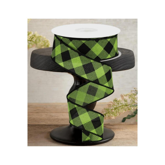 1.5" Diagonal Check On Royal Ribbon: Lime Green (10 Yards)
