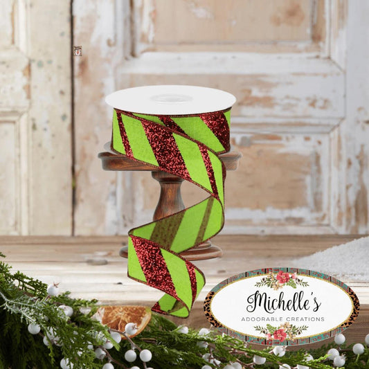 1.5" Diagonal Glitter on Royal Ribbon: Lime Green (10 Yards)