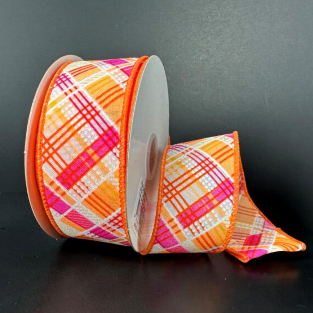 1.5" Diagonal Printed Plaid Ribbon: Neon Orange (10 Yards)