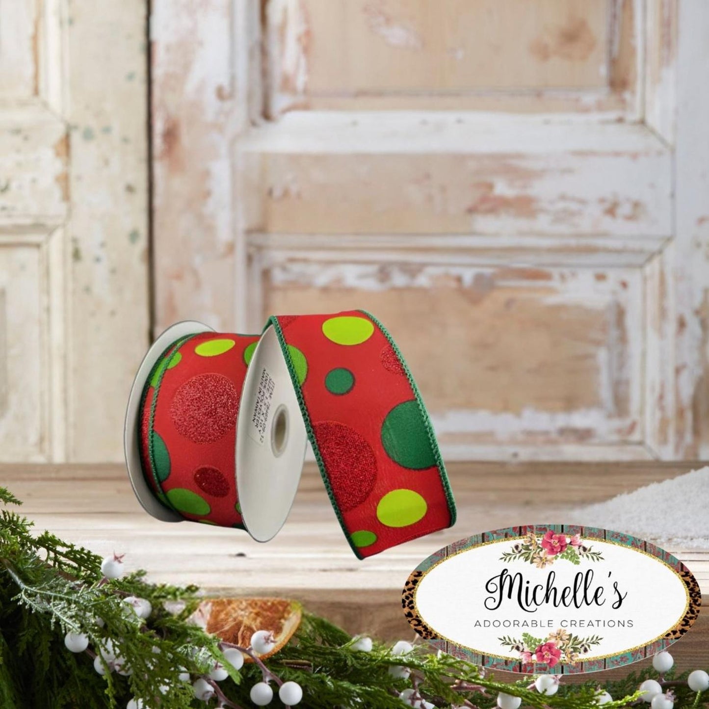 1.5" Glitter Dots Red Ribbon: Green and Lime (10 Yards)