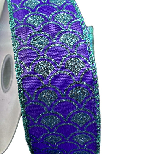 1.5" Glitter Fish Scales Ribbon: Purple/Aqua (10 Yards)