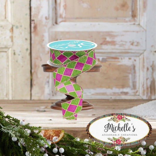 1.5" Glitter Harlequin Ribbon: Pink/Lime (10 Yards)