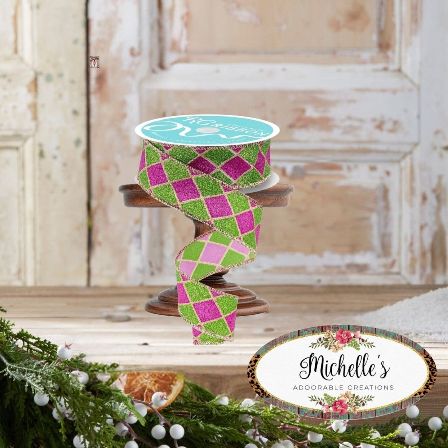 1.5" Glitter Harlequin Ribbon: Pink/Lime (10 Yards)