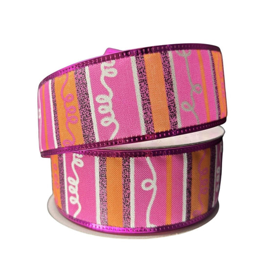 1.5" Glitter Loopy Stripes Ribbon: Fuchsia, Orange, Black (10 Yards)