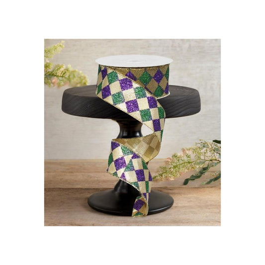 1.5" Harlequin Glitter Diamond Ribbon: Mardi Gras (10 Yards)
