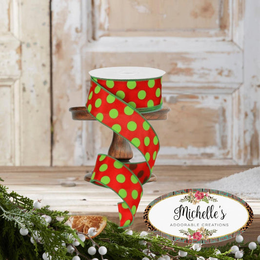 1.5" Large Polka Dot Ribbon: Red & Lime Green (10 Yards)
