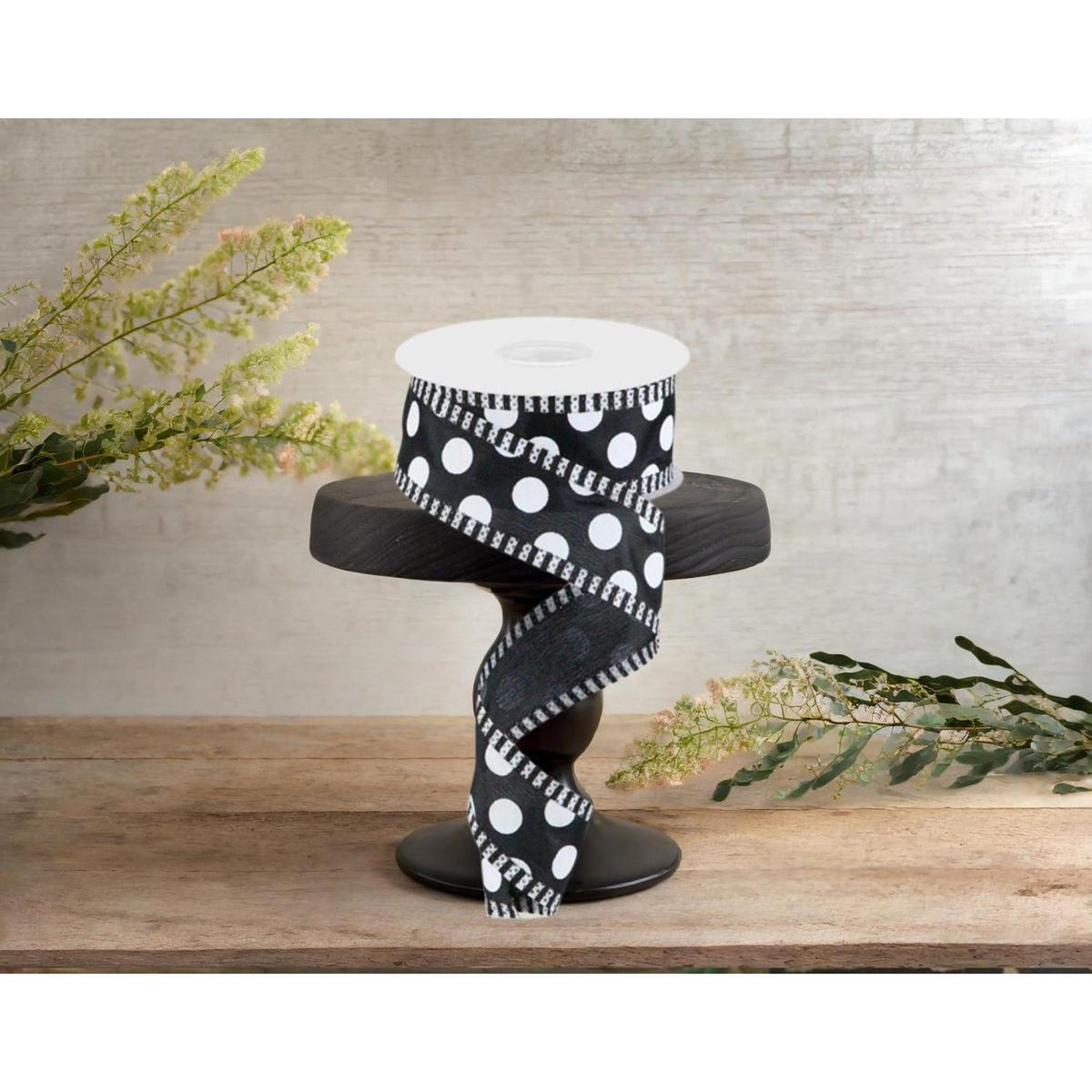 1.5" Large Polka Dot Stripe Ribbon: Black (10 Yards)