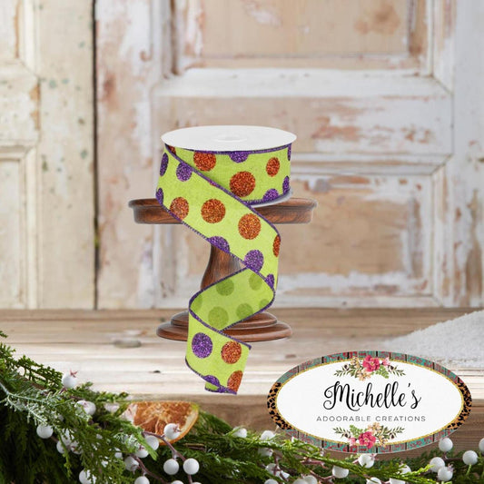 1.5" Lime Green Ribbon with Multi Glitter Dots