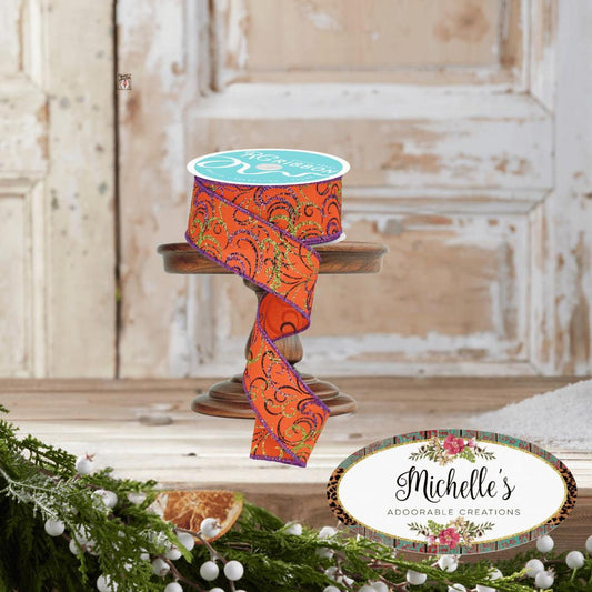 1.5" Multi Swirls Glitter Ribbon: Orange/Black/Purple (10 Yard)