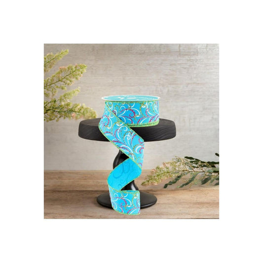 1.5" Multi Swirls Glitter Ribbon: Turquoise/Hot Pink (10 Yard)