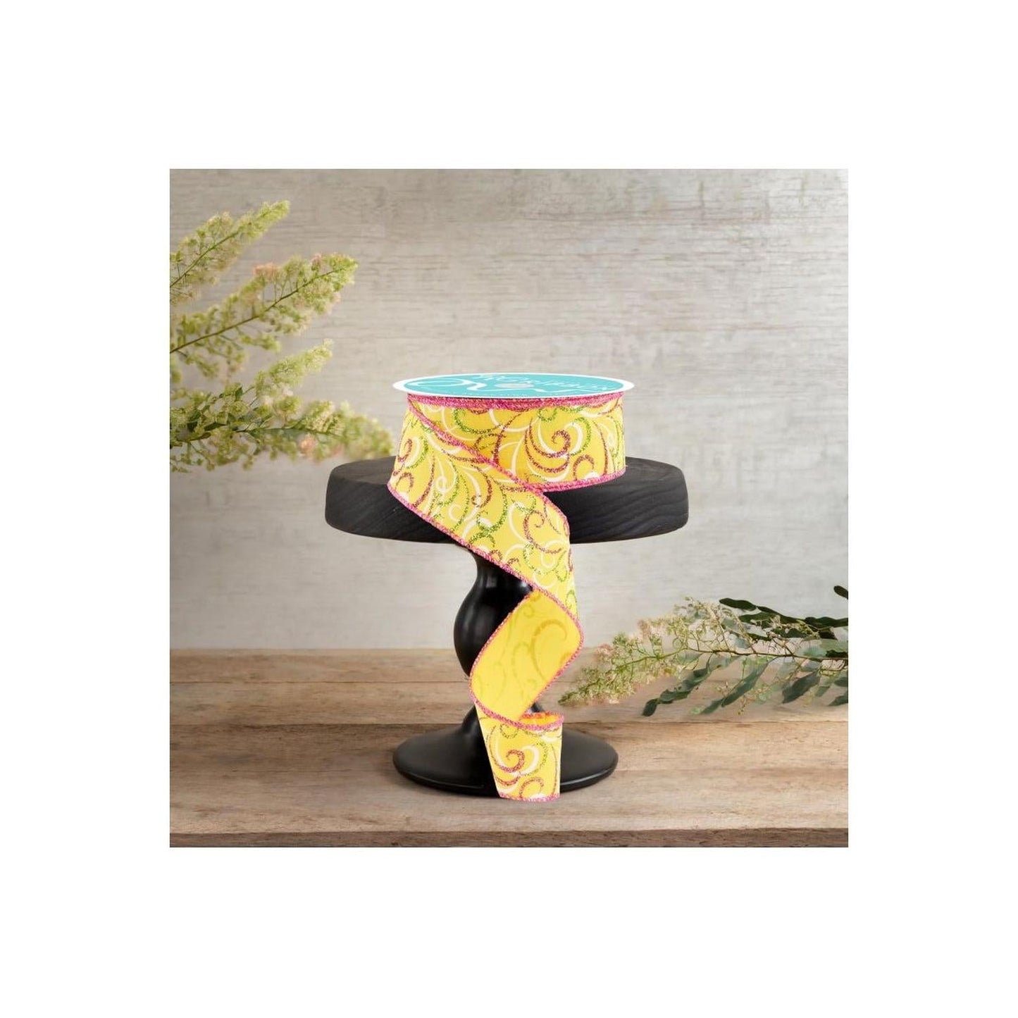 1.5" Multi Swirls Glitter Ribbon: Yellow/Pink/Lime (10 Yard)