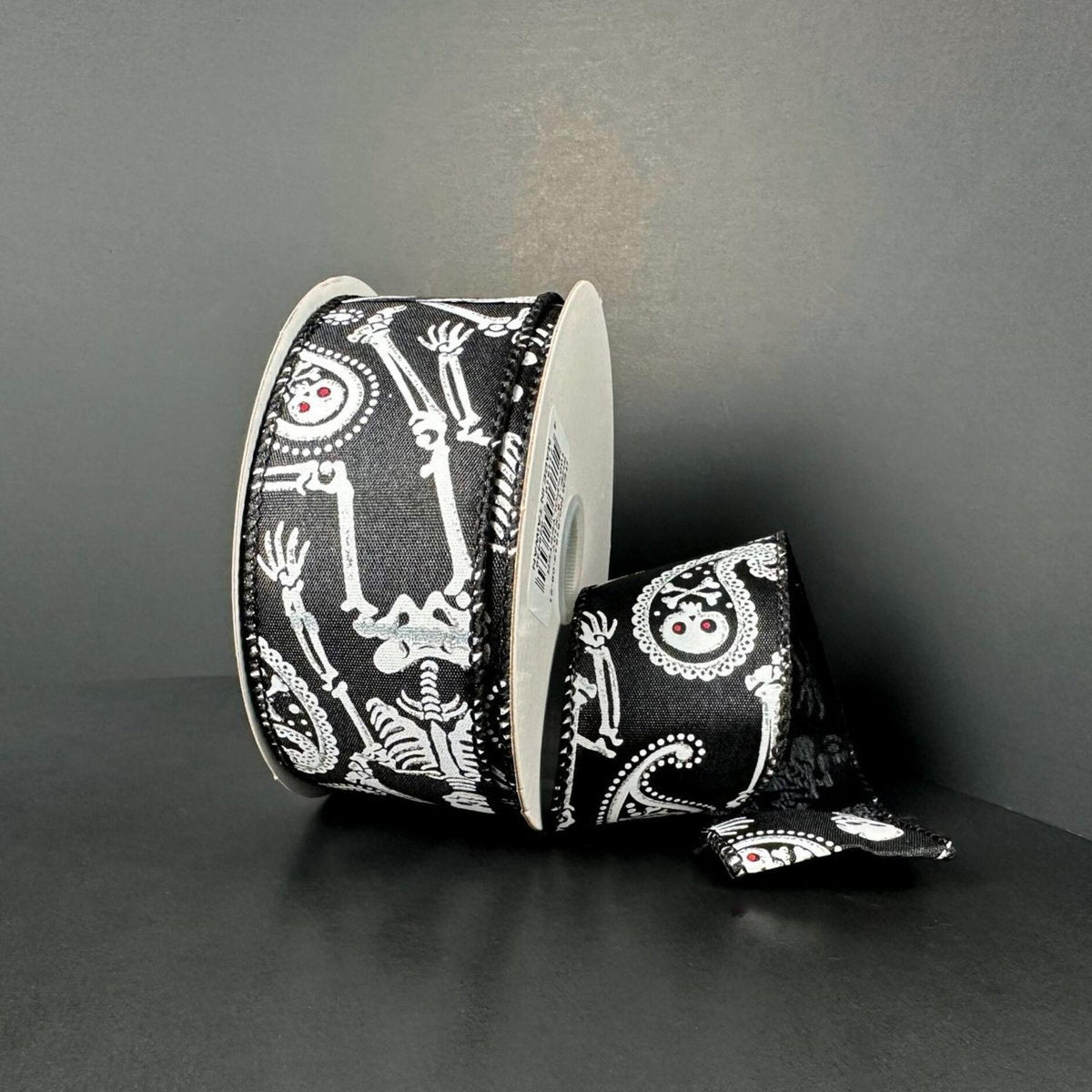 1.5" Paisley Skull Halloween Ribbon: Black (10 Yards)