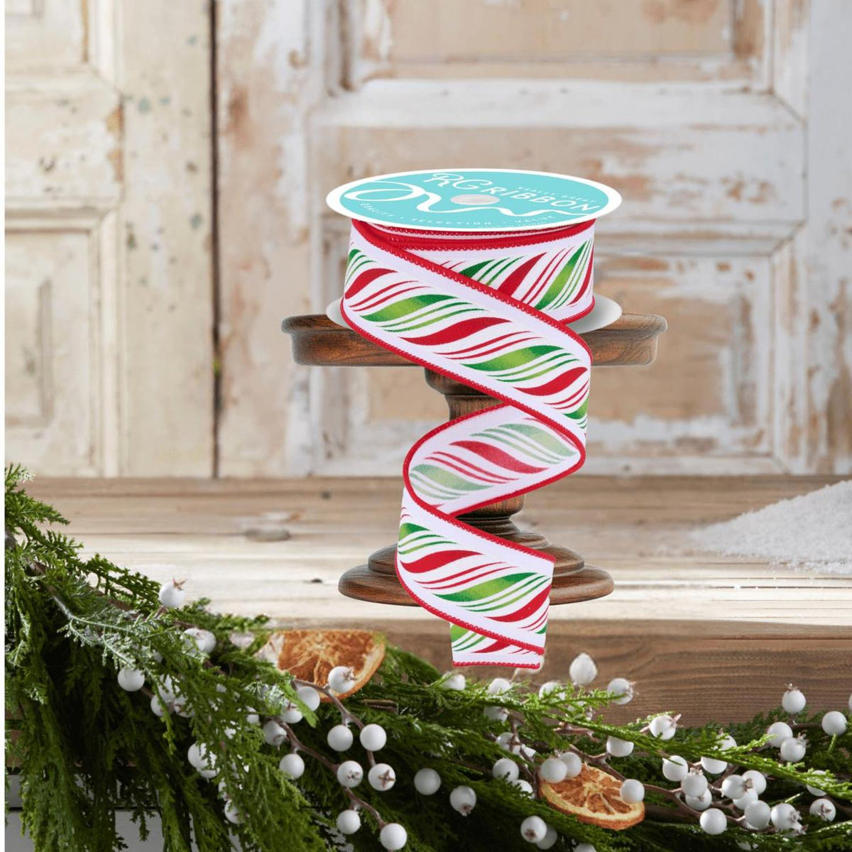1.5" Peppermint Twist Ribbon: Red/Green (10 Yards)