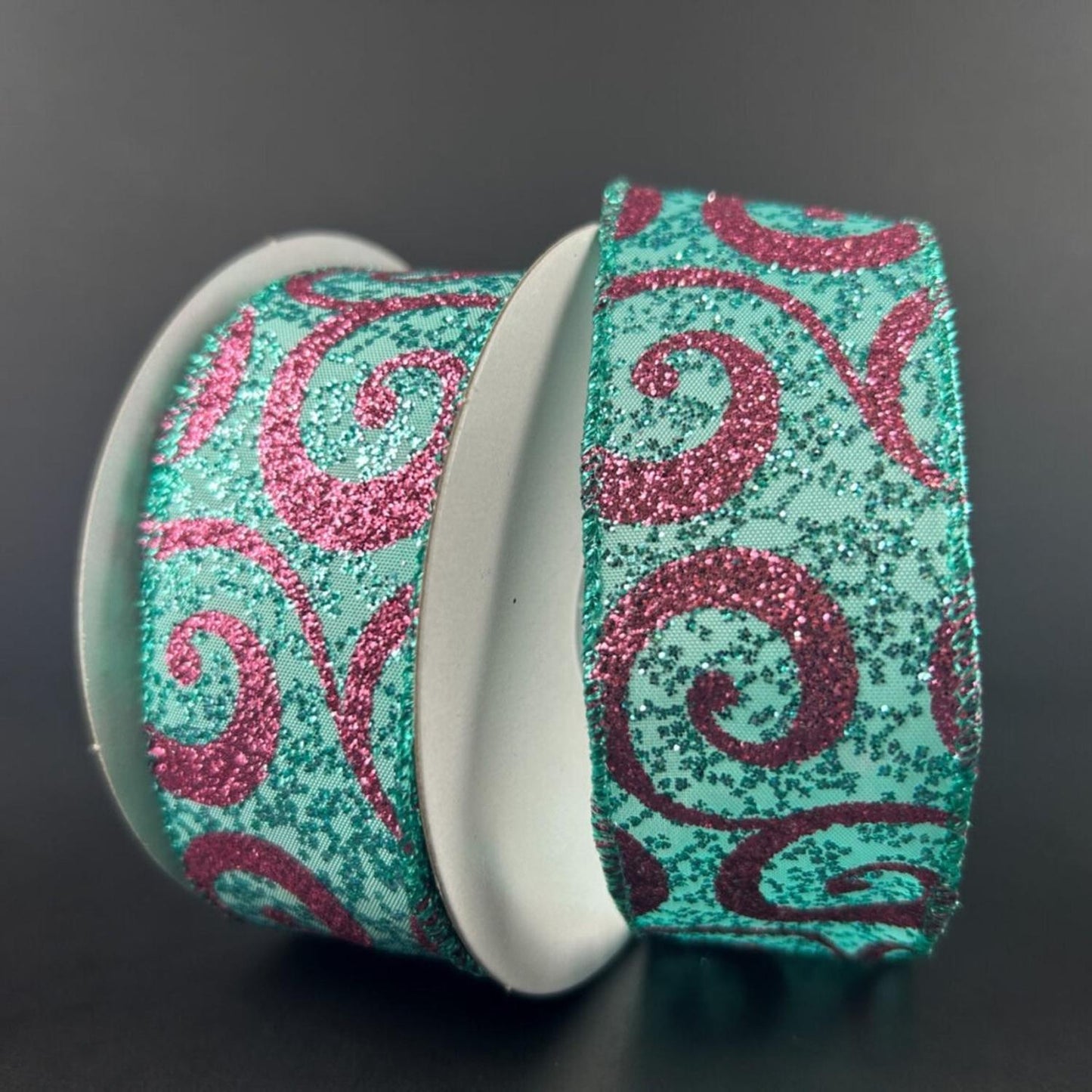 1.5" Pink Glitter Swirl Ribbon: Teal (10 Yards)