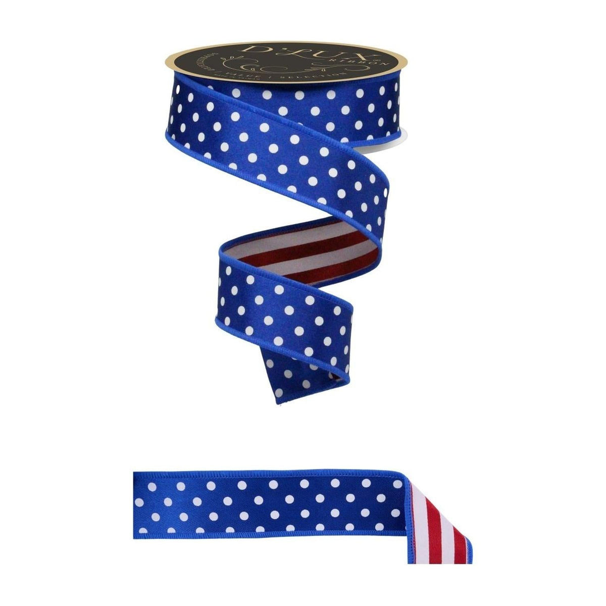1.5" Polka Dot Striped Fused Ribbon: RWB (10 Yards)