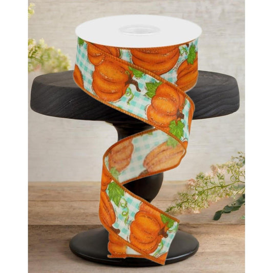 1.5" Pumpkin Patch Ribbon: Turquoise Check (10 Yards)